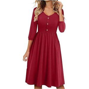YATHON Women Empire Waist Dress Front Button Balloon Sleeve Maroon Size Large